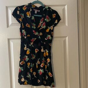 Floral and Fruit Print Black Dress